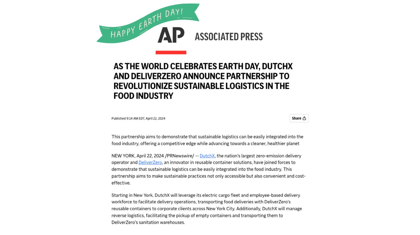 Associated Press | Dutchx And Deliverzero Announce Partnership To Revolutionize Sustainable Logistics In The Food Industry